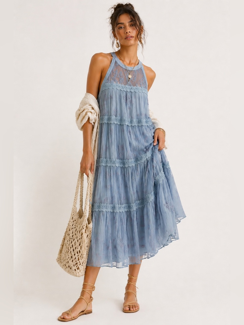Sundance Blue Lace Embroidered Midi Dress Boho Romantic Anthropologie Size Small